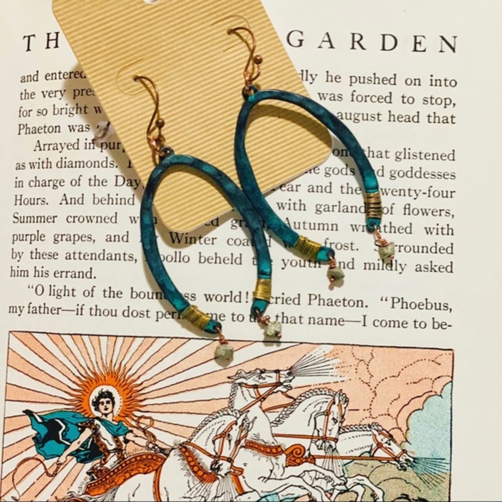 Bohemian Patina Wishbone stonedrop‎ brass earrings